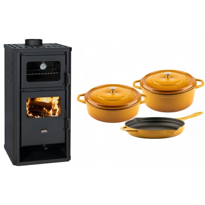 Set Kaminofen, Holzofen mit Backfach Prity, Modell FM D, Leistung 12.1kW + Gusseisen Topf Set aus 3 teilen Solagio, Dijon - Kaminofen - Holzofen mit Backfach