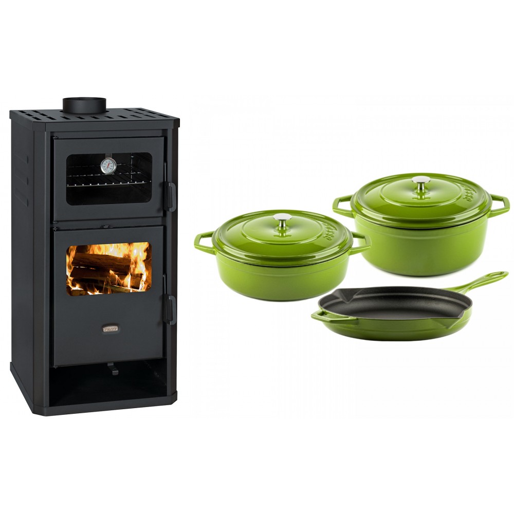 Set Kaminofen, Holzofen mit Backfach Prity, Modell FM D, Leistung 12.1kW + Gusseisen Topf Set aus 3 teilen Solagio, Bamboo | Holzofen | Kaminofen |