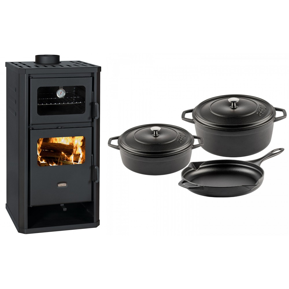 Set Kaminofen, Holzofen mit Backfach Prity, Modell FM D, Leistung 12.1kW + Gusseisen Topf Set aus 3 teilen Solagio, Black Onyx