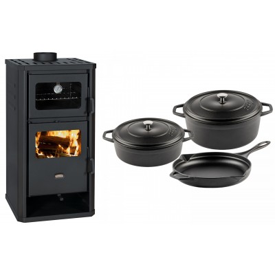 Set Kaminofen, Holzofen mit Backfach Prity, Modell FM D, Leistung 12.1kW + Gusseisen Topf Set aus 3 teilen Solagio, Black Onyx - Kaminofen - Holzofen mit Backfach