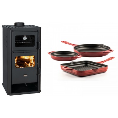 Set Kaminofen, Holzofen mit Backfach Prity, Modell FM D, Leistung 12.1kW + Gusseisen Topf Set aus 3 teilen Solagio, Rubin - Kaminofen - Holzofen mit Backfach