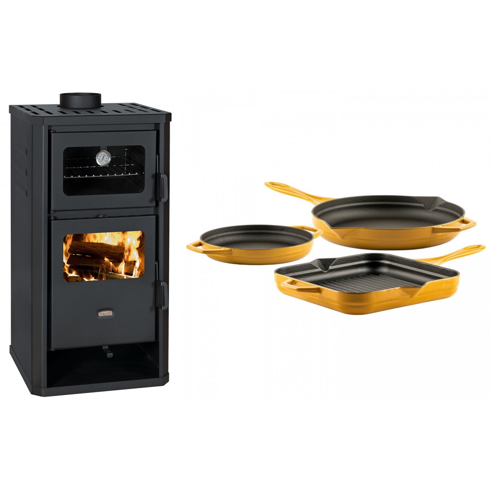 Set Kaminofen, Holzofen mit Backfach Prity, Modell FM D, Leistung 12.1kW + Gusseisen Topf Set aus 3 teilen Solagio, Dijon