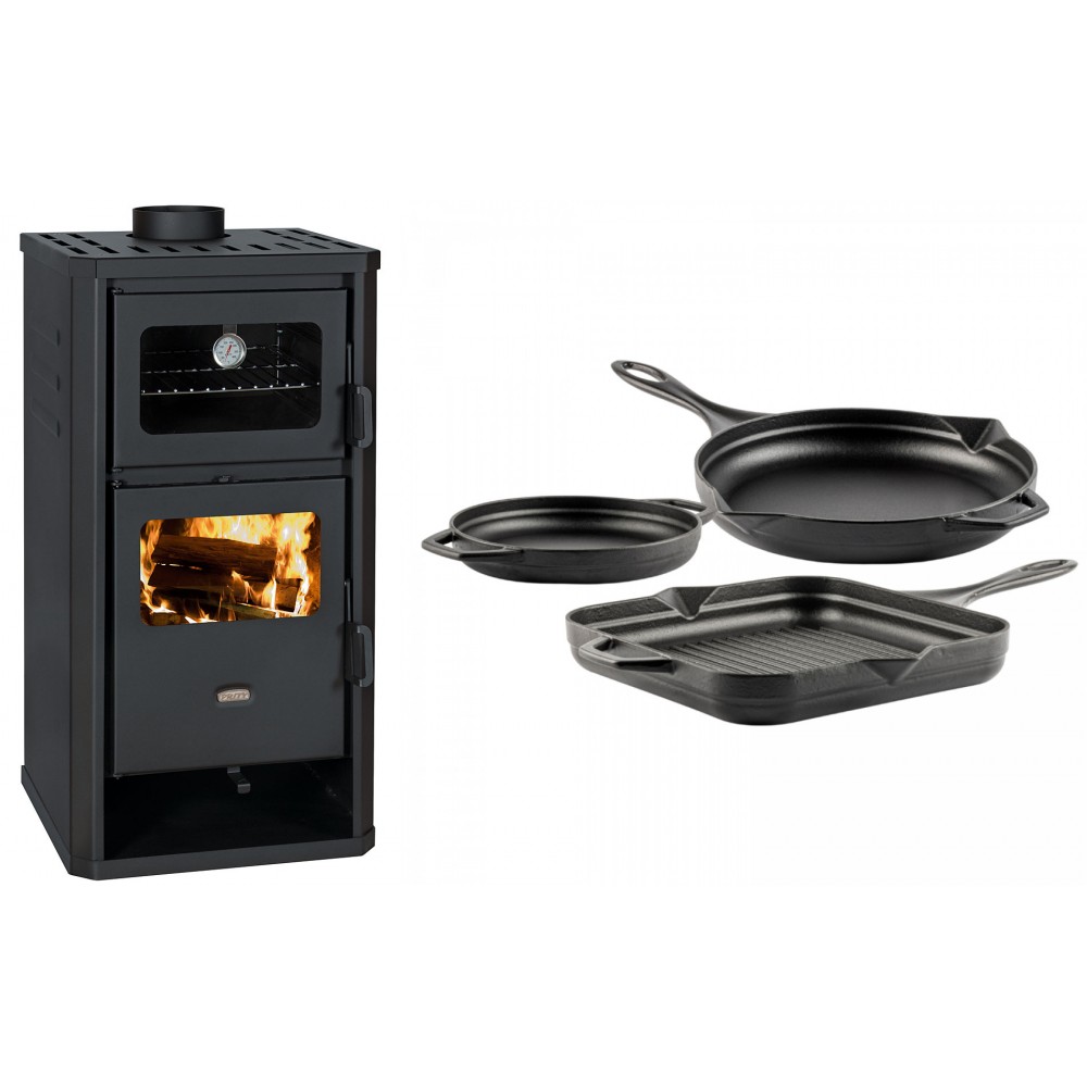 Set Kaminofen, Holzofen mit Backfach Prity, Modell FM D, Leistung 12.1kW + Gusseisen Topf Set aus 3 teilen Solagio, Black Onyx