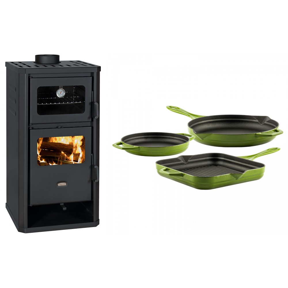 Set Kaminofen, Holzofen mit Backfach Prity, Modell FM D, Leistung 12.1kW + Gusseisen Topf Set aus 3 teilen Solagio, Bamboo