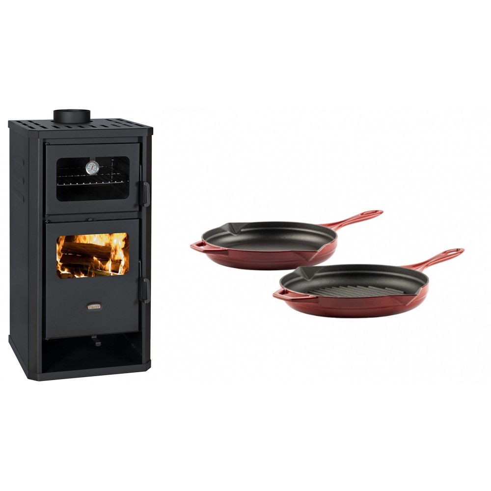 Set Kaminofen, Holzofen mit Backfach Prity, Modell FM D, Leistung 12.1kW + Gusseisen Topf Set aus 2 teilen Solagio, Rubin