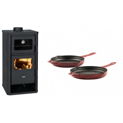 Set Kaminofen, Holzofen mit Backfach Prity, Modell FM D, Leistung 12.1kW + Gusseisen Topf Set aus 2 teilen Solagio, Rubin - Kaminofen - Holzofen mit Backfach