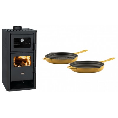 Set Kaminofen, Holzofen mit Backfach Prity, Modell FM D, Leistung 12.1kW + Gusseisen Topf Set aus 2 teilen Solagio, Dijon - Kaminofen - Holzofen mit Backfach