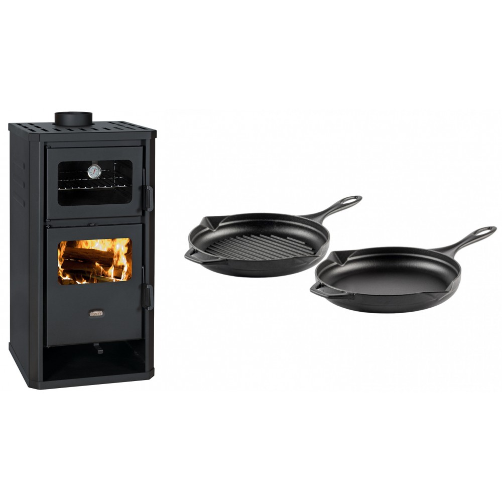 Set Kaminofen, Holzofen mit Backfach Prity, Modell FM D, Leistung 12.1kW + Gusseisen Topf Set aus 2 teilen Solagio, Black Onyx | Holzofen | Kaminofen |