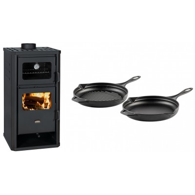 Set Kaminofen, Holzofen mit Backfach Prity, Modell FM D, Leistung 12.1kW + Gusseisen Topf Set aus 2 teilen Solagio, Black Onyx - Kaminofen - Holzofen mit Backfach