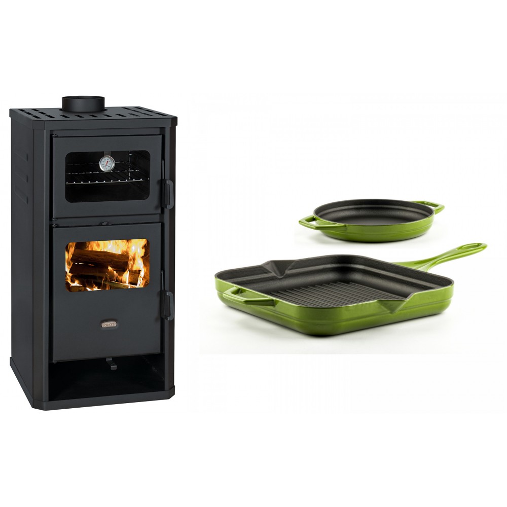 Set Kaminofen, Holzofen mit Backfach Prity, Modell FM D, Leistung 12.1kW + Gusseisen Topf Set aus 2 teilen Solagio, Bamboo