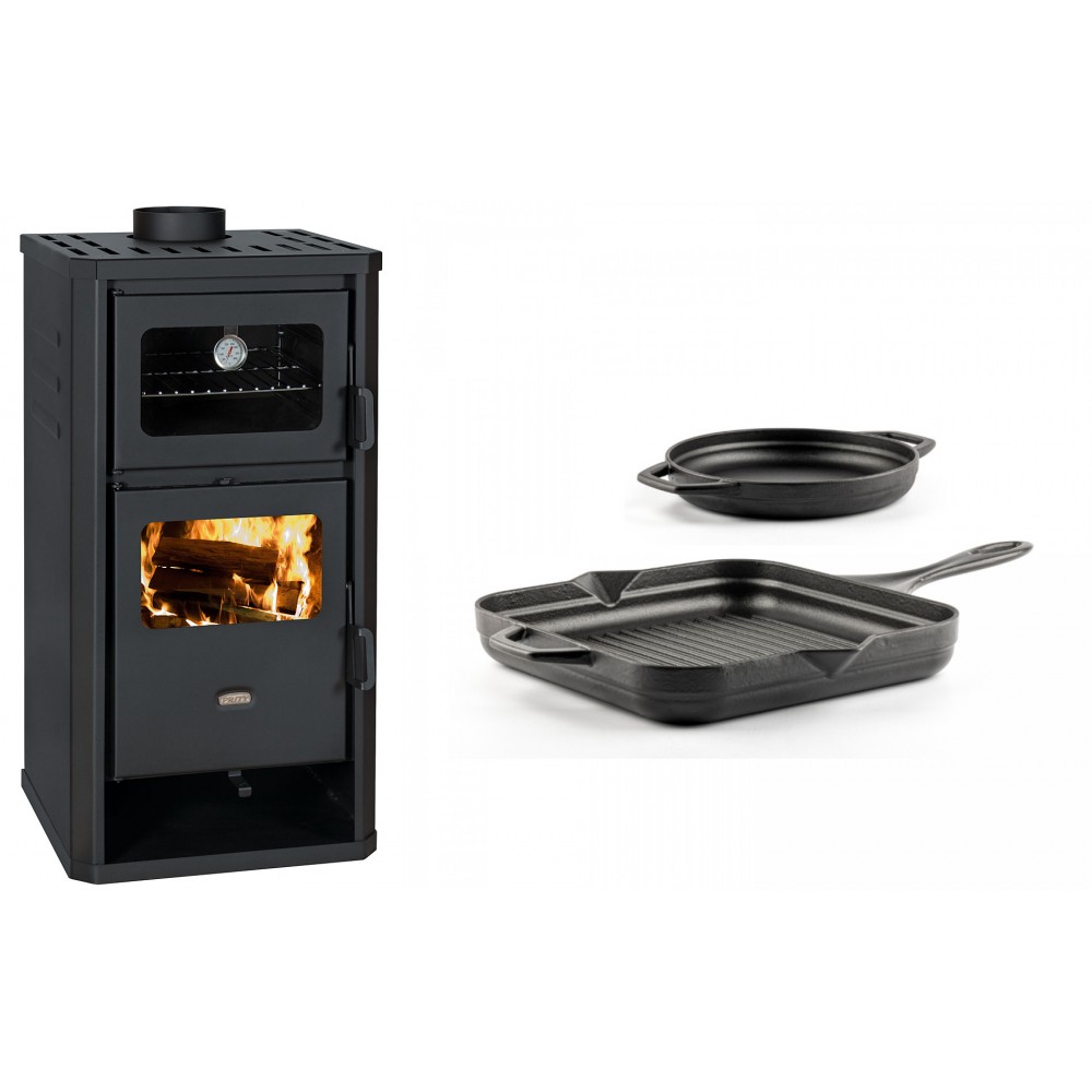 Set Kaminofen, Holzofen mit Backfach Prity, Modell FM D, Leistung 12.1kW + Gusseisen Topf Set aus 2 teilen Solagio, Black Onyx