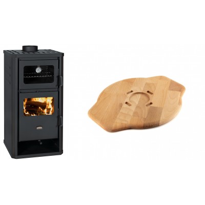 Set Kaminofen, Holzofen mit Backfach Prity, Modell FM D, Leistung 12.1kW + Holz untersetzer für Gusseisenplatte Solagio HSYSAK28 - Kaminofen - Holzofen mit Backfach