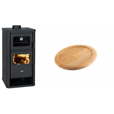 Set Kaminofen, Holzofen mit Backfach Prity, Modell FM D, Leistung 12.1kW + Holz untersetzer für ovale gusseisenpfanne Solagio HSFT1825 - Kaminofen - Holzofen mit Backfach