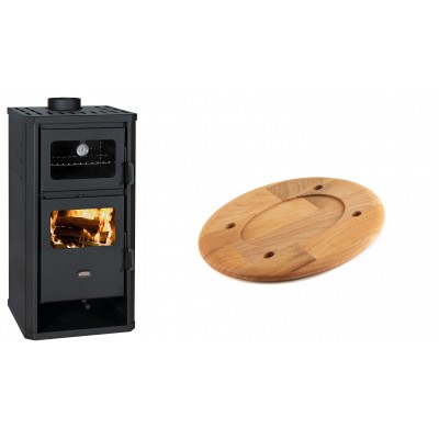 Set Kaminofen, Holzofen mit Backfach Prity, Modell FM D, Leistung 12.1kW + Holz untersetzer für ovale platte Solagio HSOISK1728, 17x28cm - Kaminofen - Holzofen mit Backfach