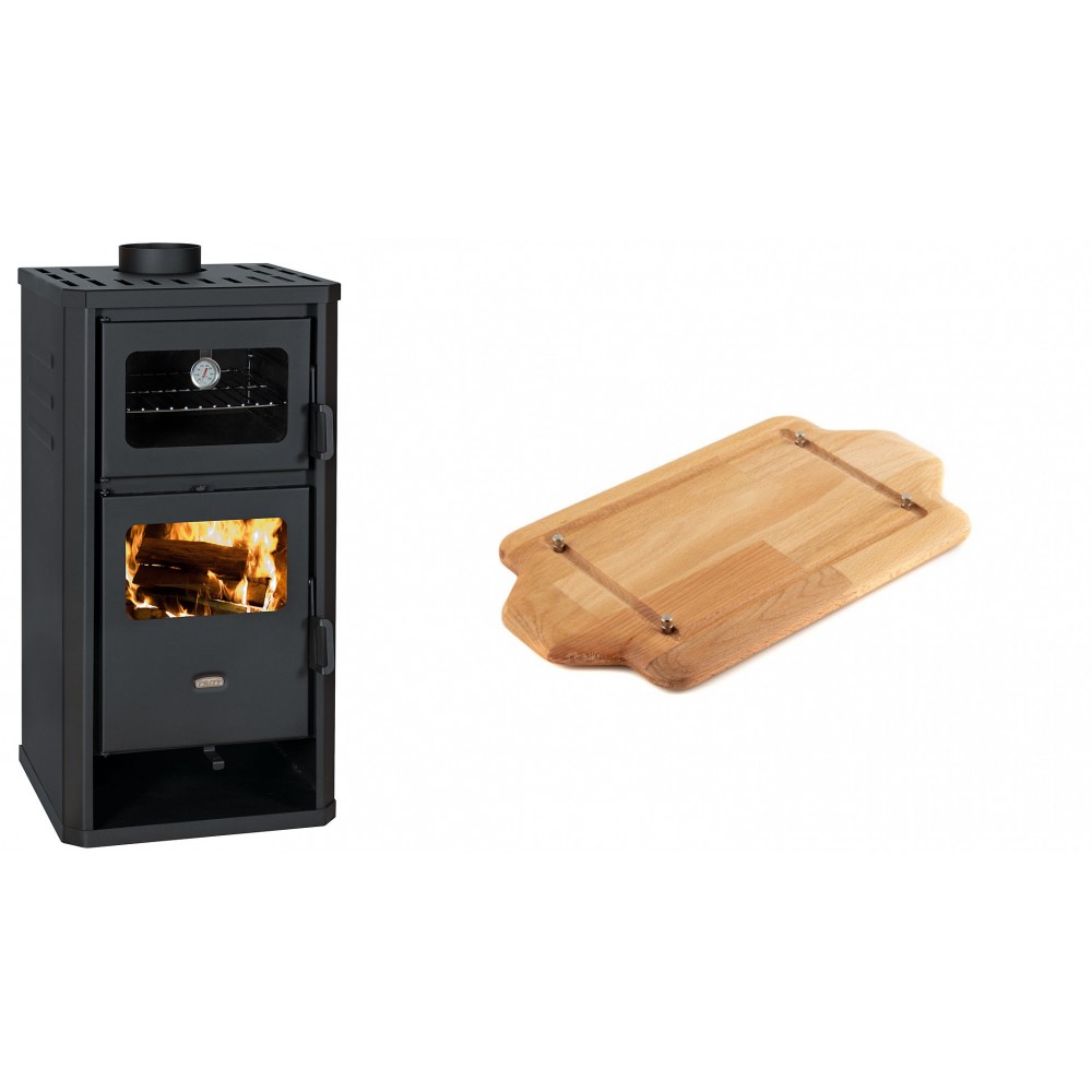 Set Kaminofen, Holzofen mit Backfach Prity, Modell FM D, Leistung 12.1kW + Holz untersetzer für mini-gusseisenplatte Solagio HSDDHP1522