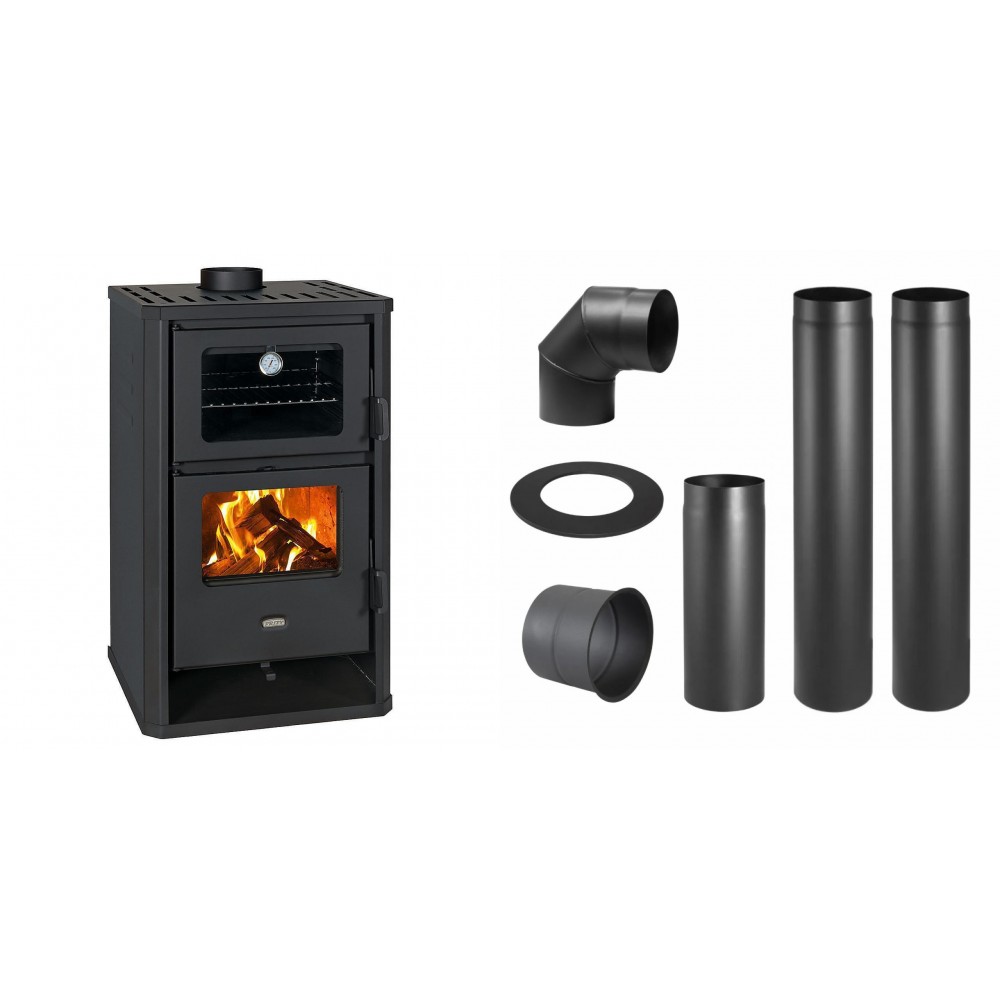 Set Kaminofen, Holzofen mit Backfach Prity, Modell FG D, Leistung 14.2kW + Schornstein Bausatz PARKANEX, Stahl Ø150, Dicke 2mm