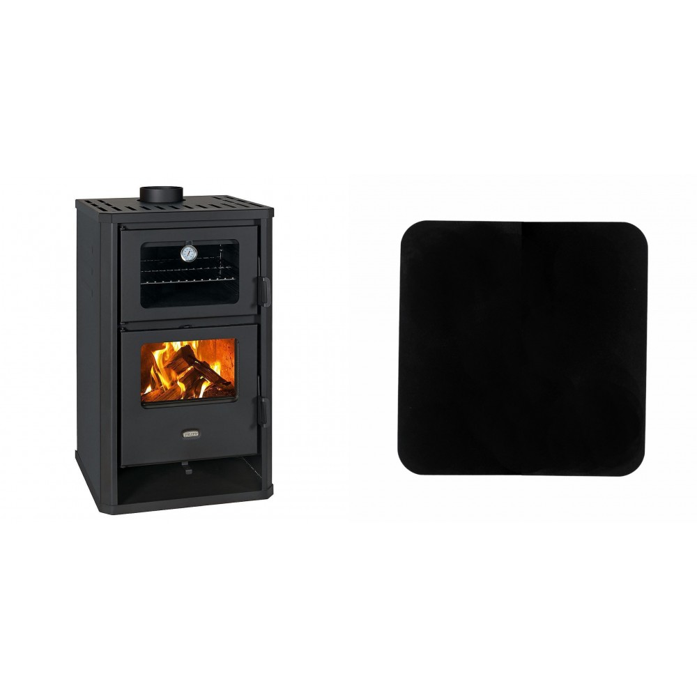 Set Kaminofen, Holzofen mit Backfach Prity, Modell FG D, Leistung 14.2kW + Funkenschutzplatte Stahl 2mm, Größe 98x98cm