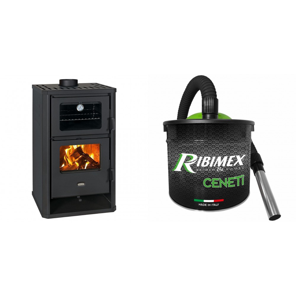 Set Kaminofen, Holzofen mit Backfach Prity, Modell FG D, Leistung 14.2kW + Elektrischer Aschesauger Ribimex, Modell Cenetì, Fassungsvermögen 15 L