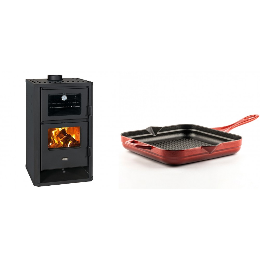 Set Kaminofen, Holzofen mit Backfach Prity, Modell FG D, Leistung 14.2kW + Emaillierte grillpfanne Gusseisen Solagio, Rubin, 28x28cm
