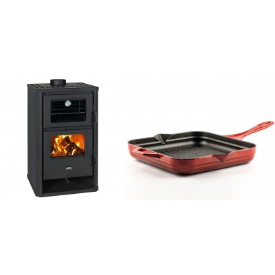 Set Kaminofen, Holzofen mit Backfach Prity, Modell FG D, Leistung 14.2kW + Emaillierte grillpfanne Gusseisen Solagio, Rubin, 28x28cm - Kaminofen - Holzofen mit Backfach