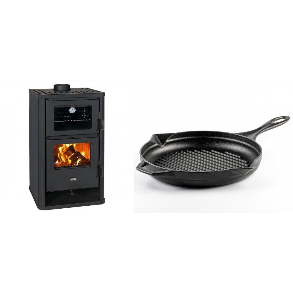 Set Kaminofen, Holzofen mit Backfach Prity, Modell FG D, Leistung 14.2kW + Emaillierte grillpfanne Gusseisen Solagio, Black Onyx, Ф28cm