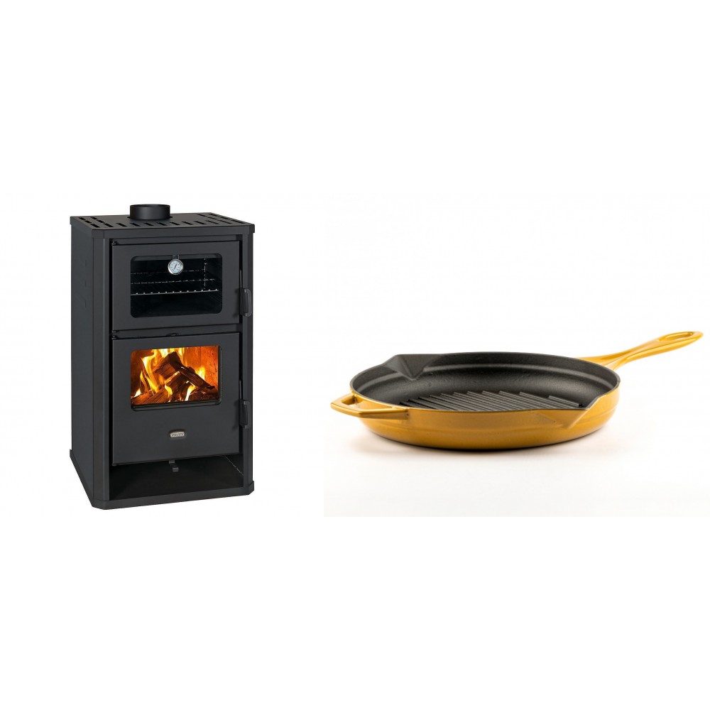Set Kaminofen, Holzofen mit Backfach Prity, Modell FG D, Leistung 14.2kW + Emaillierte grillpfanne Gusseisen Solagio, Dijon, Ф28cm