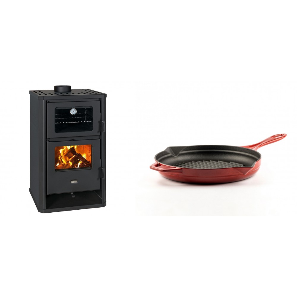 Set Kaminofen, Holzofen mit Backfach Prity, Modell FG D, Leistung 14.2kW + Emaillierte grillpfanne Gusseisen Solagio, Rubin, Ф24cm