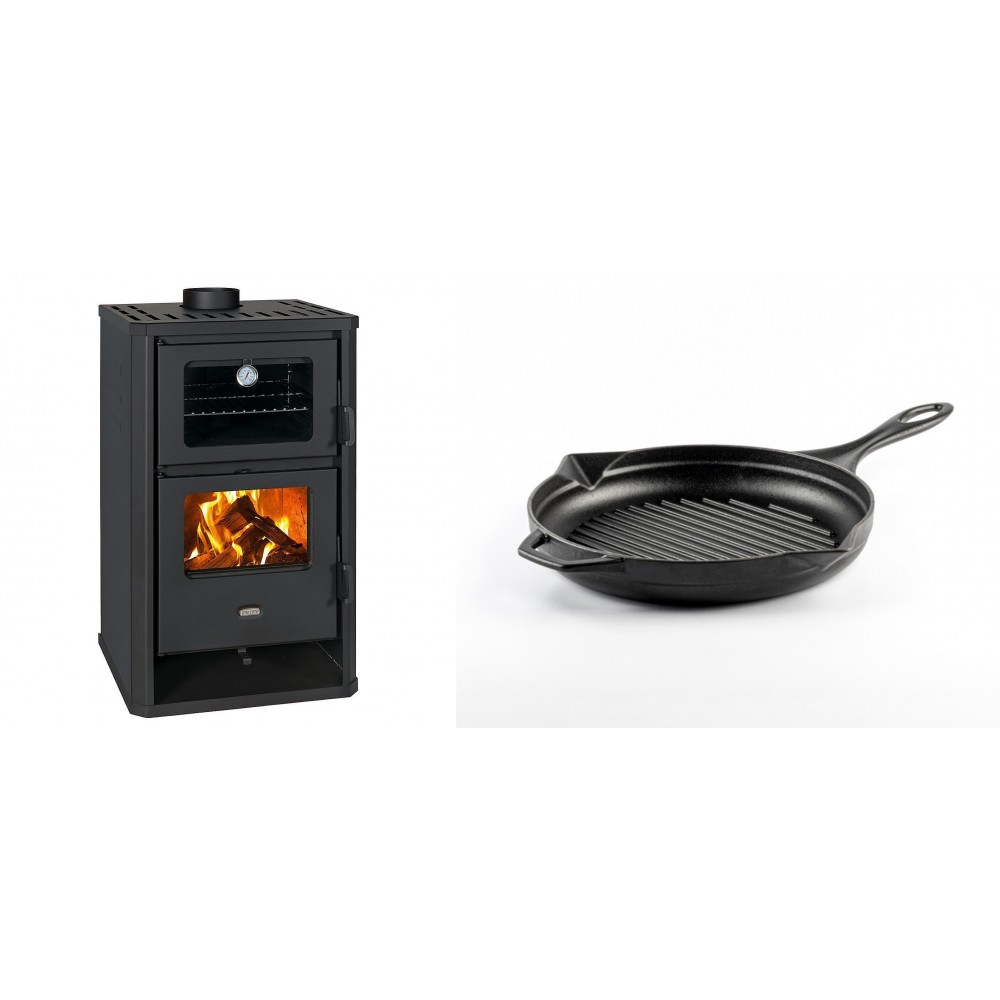 Set Kaminofen, Holzofen mit Backfach Prity, Modell FG D, Leistung 14.2kW + Emaillierte grillpfanne Gusseisen Solagio, Black Onyx, Ф24cm
