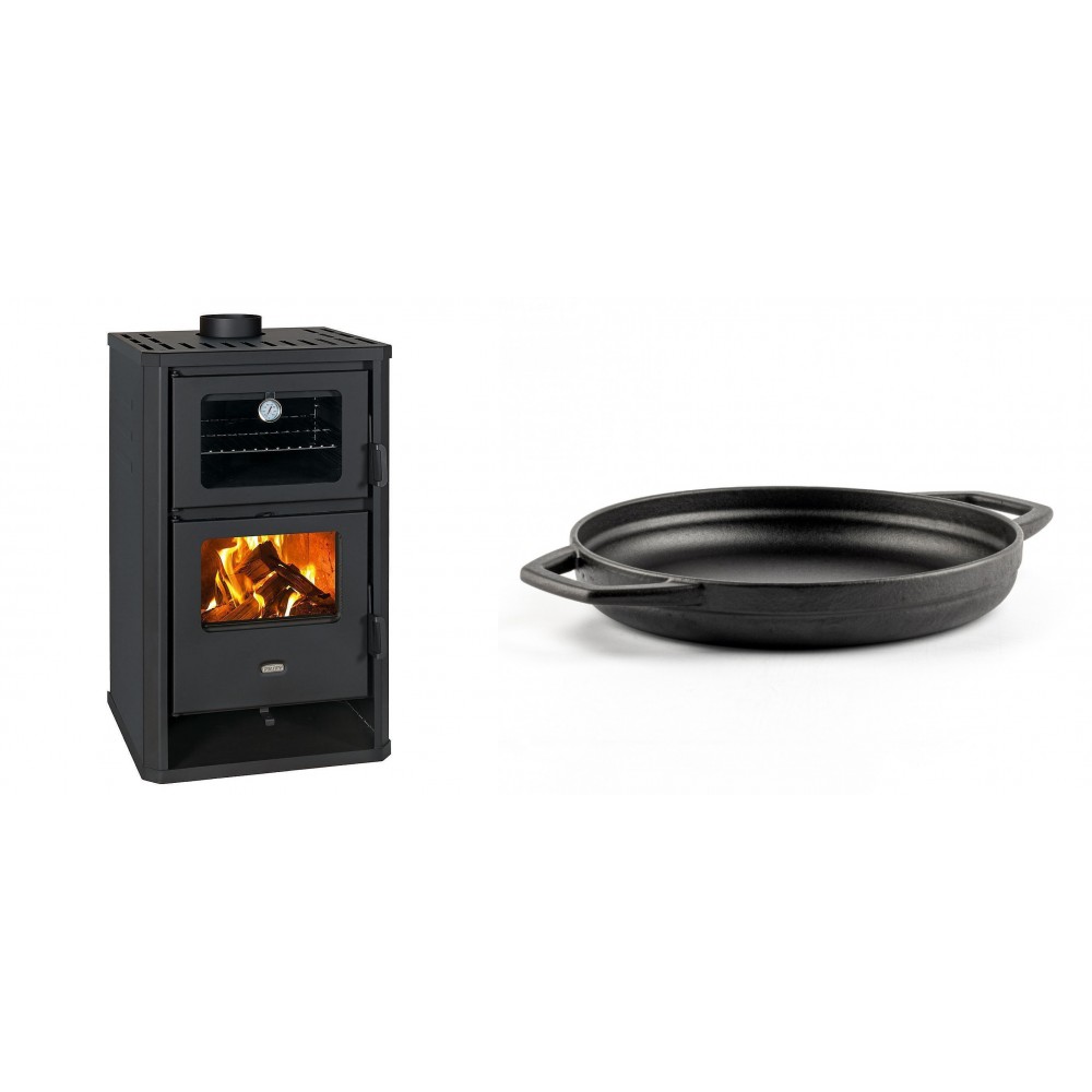 Set Kaminofen, Holzofen mit Backfach Prity, Modell FG D, Leistung 14.2kW + Emaillierte gusseisenpfanne mit zwei Griffen Solagio, Black Onyx, Ф22cm | Holzofen | Kaminofen |