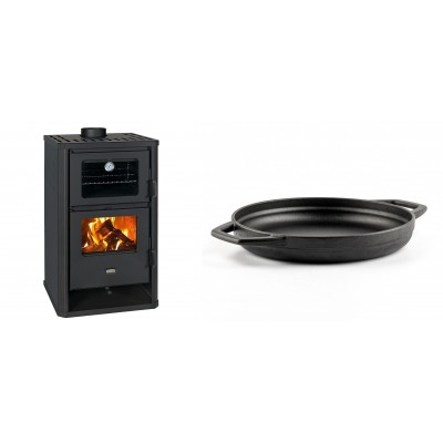Set Kaminofen, Holzofen mit Backfach Prity, Modell FG D, Leistung 14.2kW + Emaillierte gusseisenpfanne mit zwei Griffen Solagio, Black Onyx, Ф22cm - Kaminofen - Holzofen mit Backfach