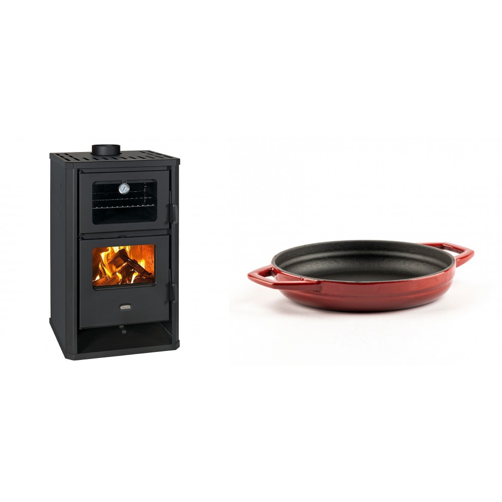 Set Kaminofen, Holzofen mit Backfach Prity, Modell FG D, Leistung 14.2kW + Emaillierte gusseisenpfanne mit zwei Griffen Solagio, Rubin, Ф19cm