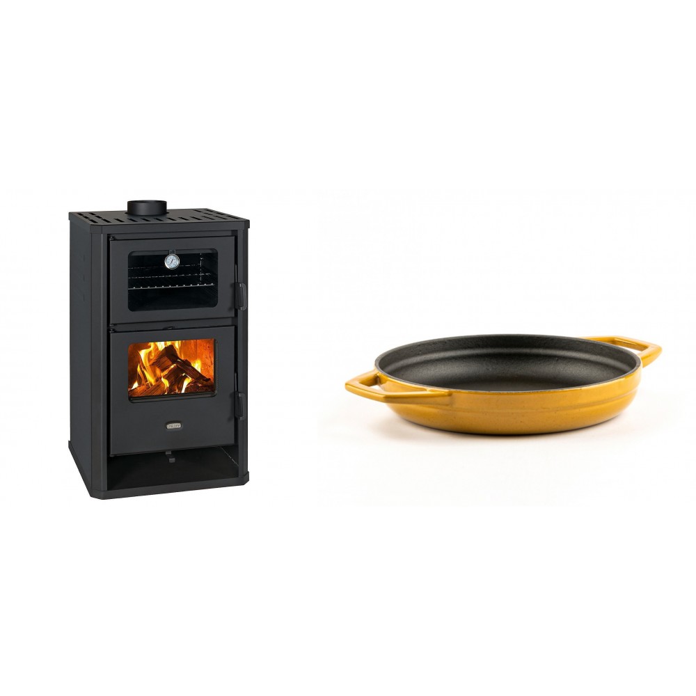 Set Kaminofen, Holzofen mit Backfach Prity, Modell FG D, Leistung 14.2kW + Emaillierte gusseisenpfanne mit zwei Griffen Solagio, Dijon, Ф19cm