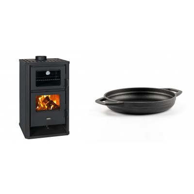 Set Kaminofen, Holzofen mit Backfach Prity, Modell FG D, Leistung 14.2kW + Emaillierte gusseisenpfanne mit zwei Griffen Solagio, Black Onyx, Ф19cm - Kaminofen - Holzofen mit Backfach