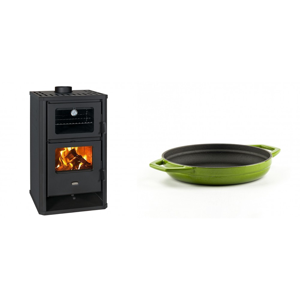 Set Kaminofen, Holzofen mit Backfach Prity, Modell FG D, Leistung 14.2kW + Emaillierte gusseisenpfanne mit zwei Griffen Solagio, Bamboo, Ф19cm