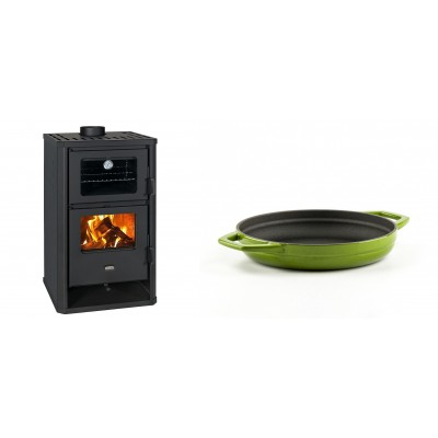 Set Kaminofen, Holzofen mit Backfach Prity, Modell FG D, Leistung 14.2kW + Emaillierte gusseisenpfanne mit zwei Griffen Solagio, Bamboo, Ф19cm - Kaminofen - Holzofen mit Backfach