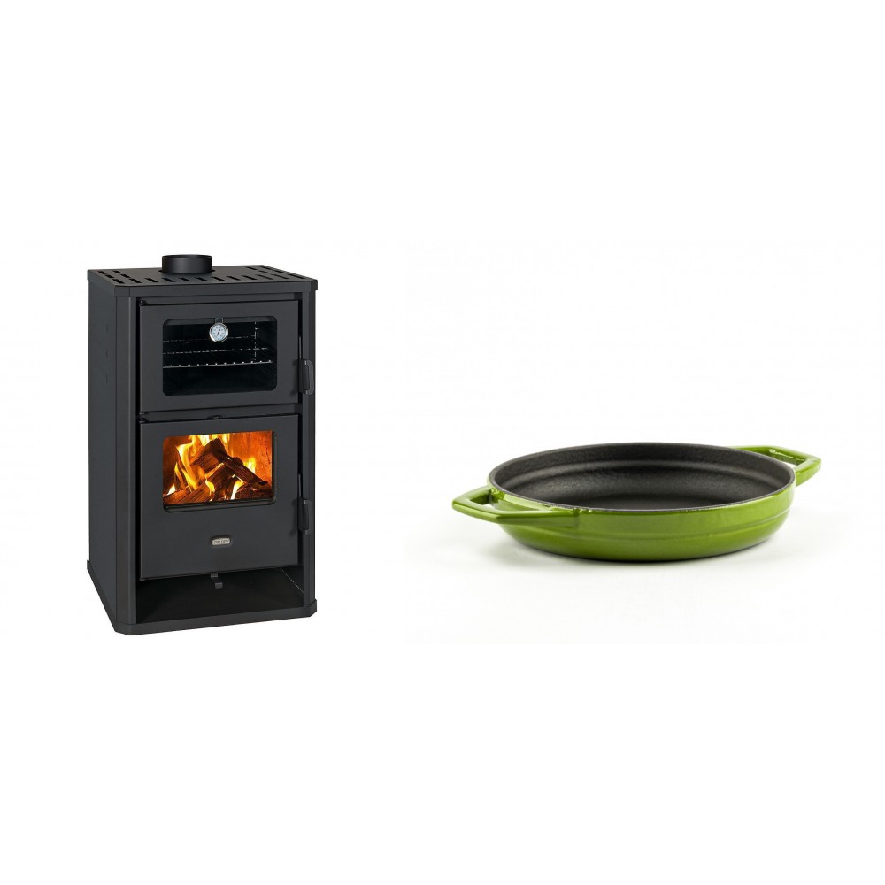 Set Kaminofen, Holzofen mit Backfach Prity, Modell FG D, Leistung 14.2kW + Emaillierte gusseisenpfanne mit zwei Griffen Solagio, Bamboo, Ф16cm | Holzofen | Kaminofen |