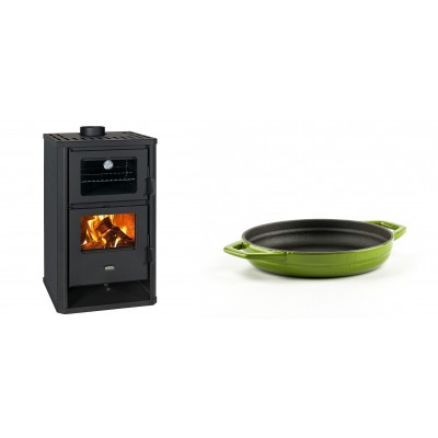 Set Kaminofen, Holzofen mit Backfach Prity, Modell FG D, Leistung 14.2kW + Emaillierte gusseisenpfanne mit zwei Griffen Solagio, Bamboo, Ф16cm - Kaminofen - Holzofen mit Backfach