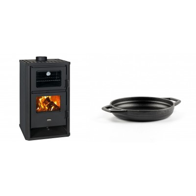 Set Kaminofen, Holzofen mit Backfach Prity, Modell FG D, Leistung 14.2kW + Emaillierte gusseisenpfanne mit zwei Griffen Solagio, Black Onyx, Ф16cm - Kaminofen - Holzofen mit Backfach