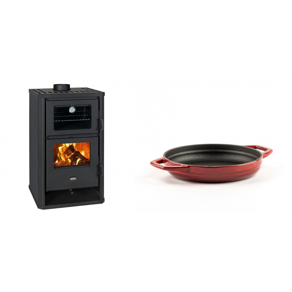 Set Kaminofen, Holzofen mit Backfach Prity, Modell FG D, Leistung 14.2kW + Emaillierte gusseisenpfanne mit zwei Griffen Solagio, Rubin, Ф16cm