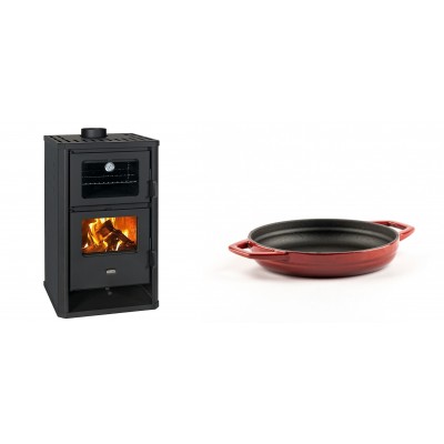 Set Kaminofen, Holzofen mit Backfach Prity, Modell FG D, Leistung 14.2kW + Emaillierte gusseisenpfanne mit zwei Griffen Solagio, Rubin, Ф16cm - Kaminofen - Holzofen mit Backfach