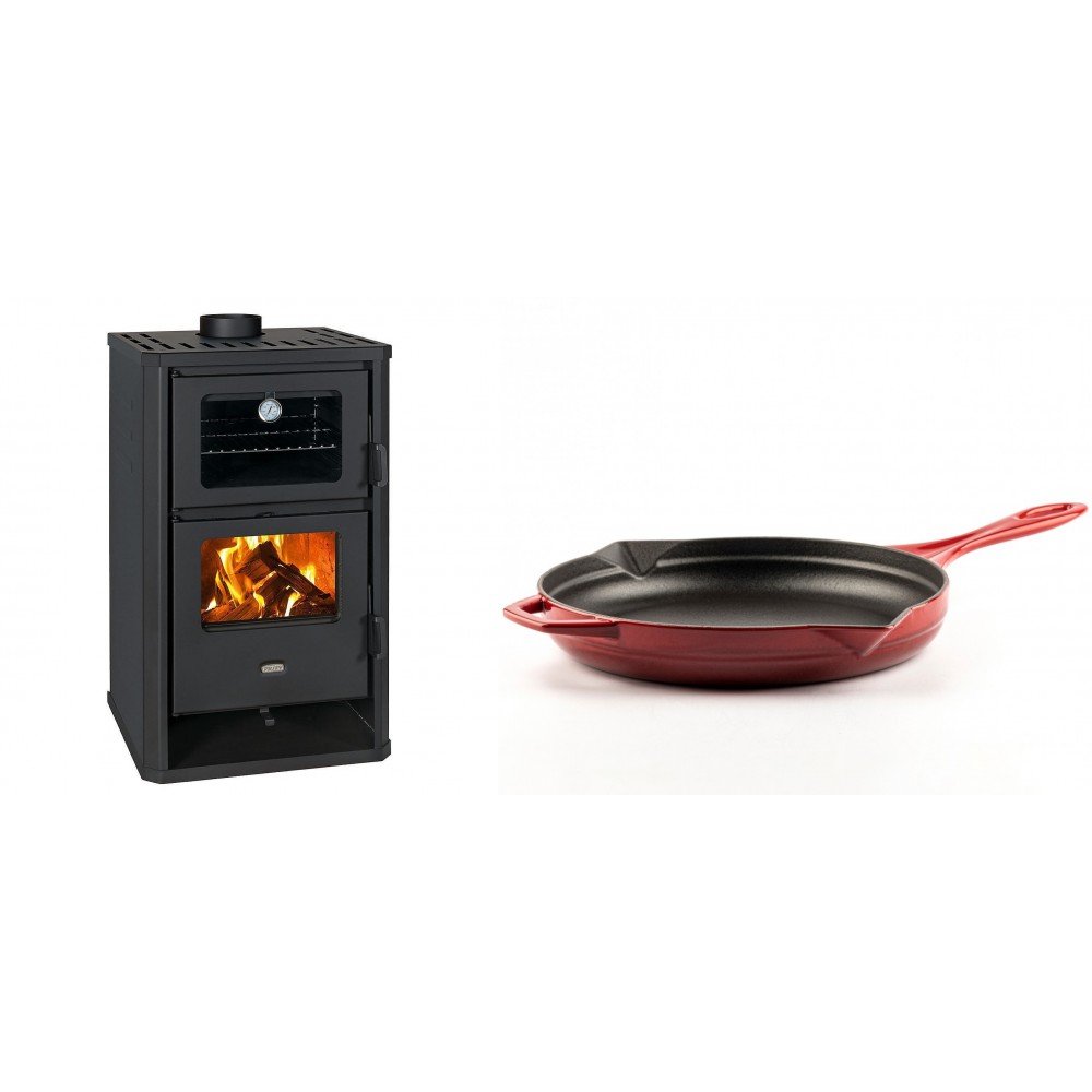Set Kaminofen, Holzofen mit Backfach Prity, Modell FG D, Leistung 14.2kW + Emaillierte Gusseisenpfanne Solagio, Rubin, Ф28cm