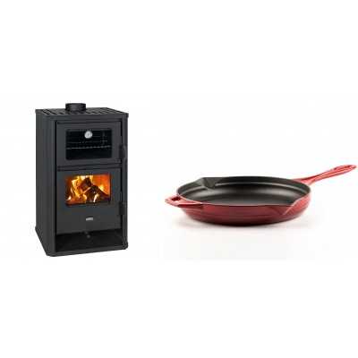 Set Kaminofen, Holzofen mit Backfach Prity, Modell FG D, Leistung 14.2kW + Emaillierte Gusseisenpfanne Solagio, Rubin, Ф28cm - Kaminofen - Holzofen mit Backfach