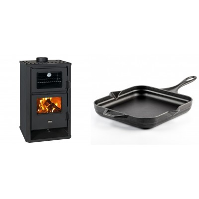 Set Kaminofen, Holzofen mit Backfach Prity, Modell FG D, Leistung 14.2kW + Emaillierte Gusseisenpfanne Solagio, Black Onyx, 28x28cm - Kaminofen - Holzofen mit Backfach