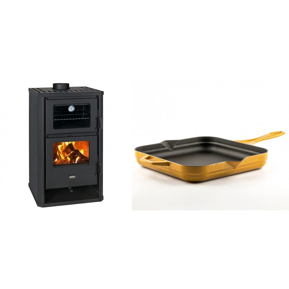 Set Kaminofen, Holzofen mit Backfach Prity, Modell FG D, Leistung 14.2kW + Emaillierte Gusseisenpfanne Solagio, Dijon, 28x28cm