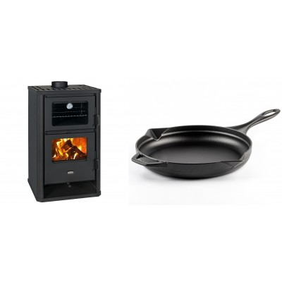 Set Kaminofen, Holzofen mit Backfach Prity, Modell FG D, Leistung 14.2kW + Emaillierte Gusseisenpfanne Solagio, Black Onyx, Ф28cm - Kaminofen - Holzofen mit Backfach