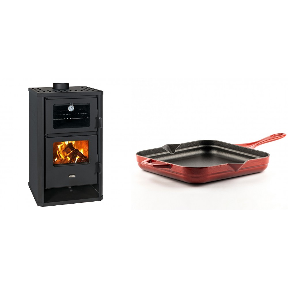 Set Kaminofen, Holzofen mit Backfach Prity, Modell FG D, Leistung 14.2kW + Emaillierte Gusseisenpfanne Solagio, Rubin, 28x28cm | Holzofen | Kaminofen |