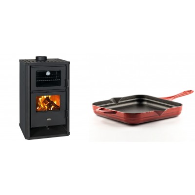 Set Kaminofen, Holzofen mit Backfach Prity, Modell FG D, Leistung 14.2kW + Emaillierte Gusseisenpfanne Solagio, Rubin, 28x28cm - Kaminofen - Holzofen mit Backfach