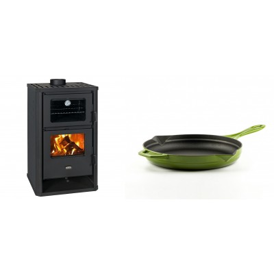 Set Kaminofen, Holzofen mit Backfach Prity, Modell FG D, Leistung 14.2kW + Emaillierte Gusseisenpfanne Solagio, Bamboo, Ф24cm - Kaminofen - Holzofen mit Backfach