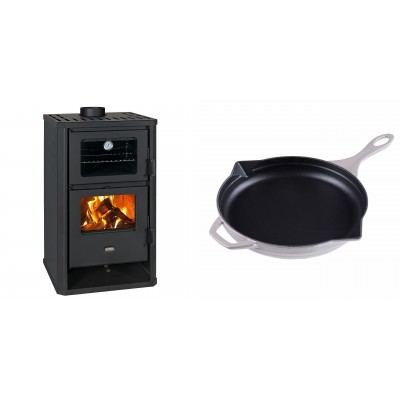 Set Kaminofen, Holzofen mit Backfach Prity, Modell FG D, Leistung 14.2kW + Emaillierte Gusseisenpfanne Solagio, Ivory, Ф28cm - Kaminofen - Holzofen mit Backfach