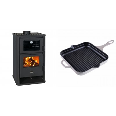 Set Kaminofen, Holzofen mit Backfach Prity, Modell FG D, Leistung 14.2kW + Emaillierte grillpfanne Gusseisen Solagio, Ivory, 28x28cm - Kaminofen - Holzofen mit Backfach